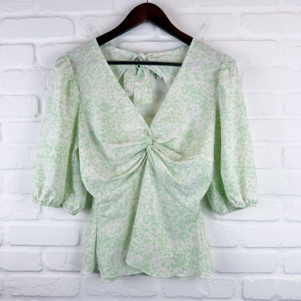 Open Edit Ivory Green White Puff Sleeve Blouse Halter Tie Neck Open Back Medium